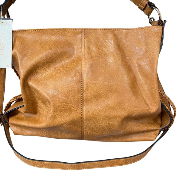 Le Miel Vegan Leather Tote Crossbody Bag Cognac Brown Large Braided Strap - Picture 10 of 14